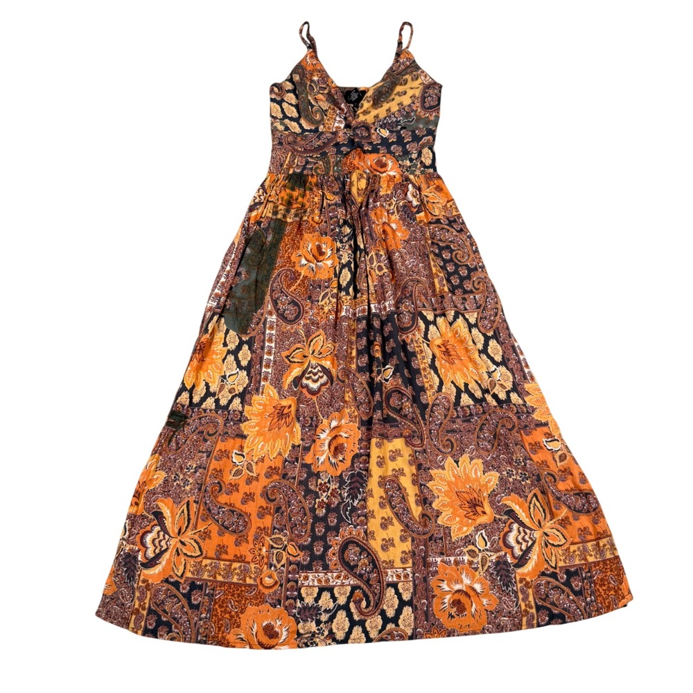 Angie Orange Black Fall Paisley Patchwork Boho Midi Dress Small Autumn Wedding